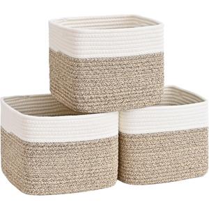 3 Pack Cube Storage Bin, 9”x9”x7” Cotton Rope Woven Baskets for Organizing Toys Clothes Towels, Square Gift Storage Baskets for Shelves, Nursery, Closet, Bathroom, Pantry (White & Jute)