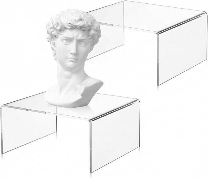 RattanView 2 Pcs 19 x 8 x 7 Inch Large Clear Acrylic Shelf Riser, 5mm Thick | Acrylic Risers Display Stands for Cabinet Collectibles Jewelry Plants Perfume Cupcakes Food Figures Showcase