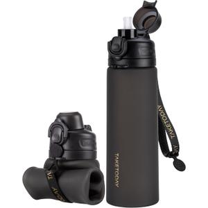 TakeToday Collapsible Water Bottles 21oz (600mL), Foldable Platinum Silicone Travel Water Bottle with Straw & Carry Strap, Leak-Resistant Screw Lid, Wide Mouth, BPA-Free for Hiking, Camping, Travel