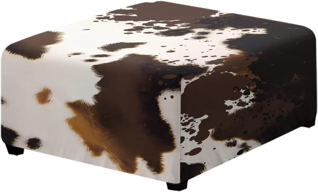Square Cow Print Ottoman Cover Western Ottoman Slipcovers for Foot Stool & Folding Storage Furniture for Living Room with Nonslip Elastic Bottom Brown