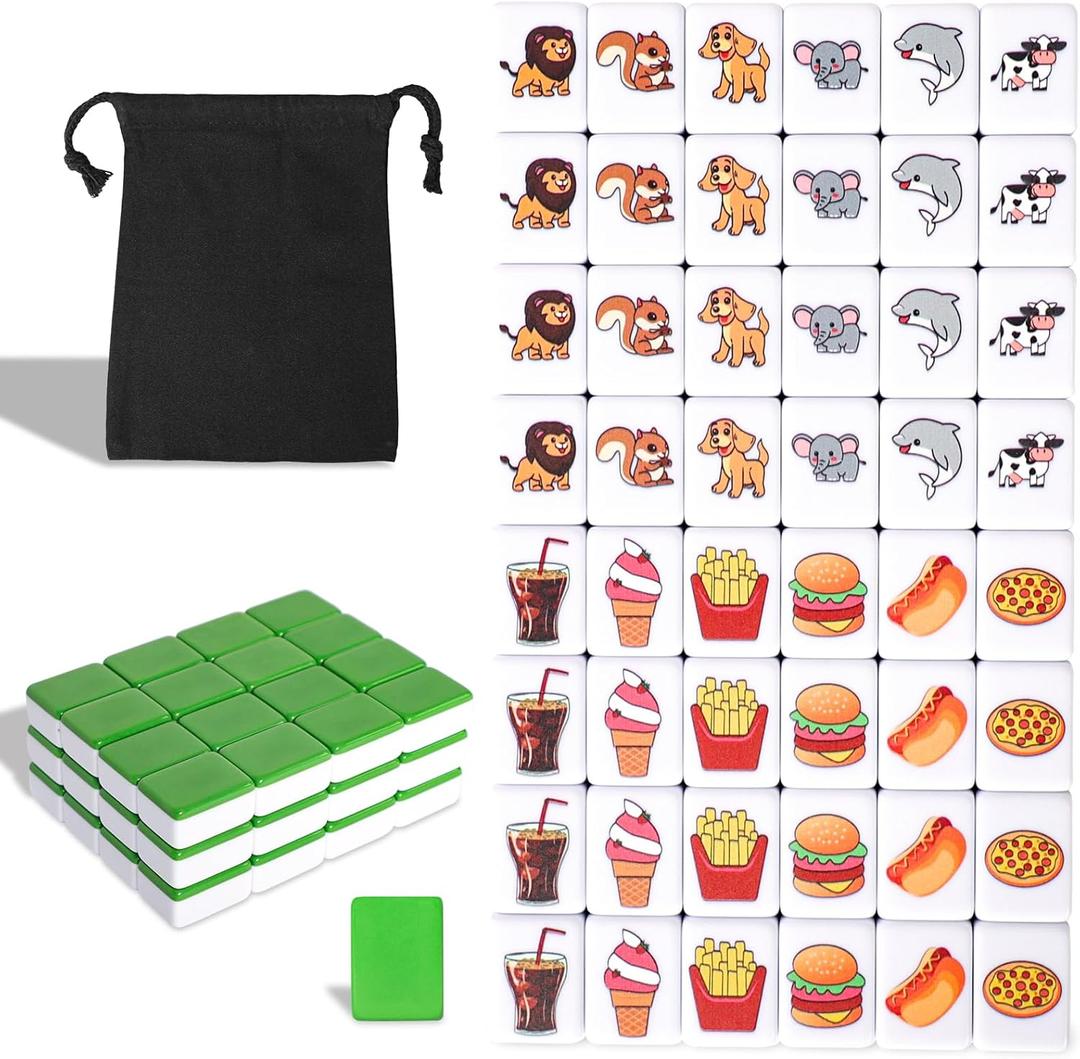GRACIAS 2 Players Mahjong Block Set, Mahjong Tile Game with 50 Premium Green Tiles(30mm) Animal and Food Pattern, Portable Mahjongg Set with A Carry Bag