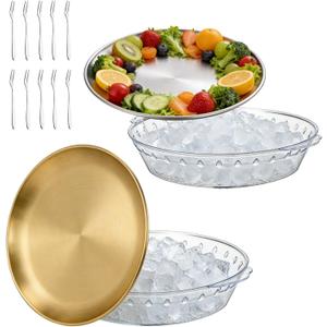 2-Pack 11.8" Chilled Serving Trays to Keep Food Cold, Gold & Silver Metal Round Plates, Plastic Ice Plates & 10 Forks, 2-Tier Ice Chilled Platters for Shrimp Cocktail, Appetizers, Buffet