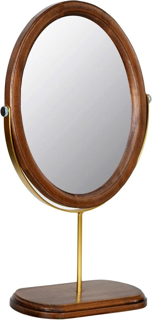 Desk Makeup Mirror with Solid Wood,Elliptical Vanity Table Mirror for Living Room Bedroom (7.5 W x 13.5 H) (Rustic Brown)