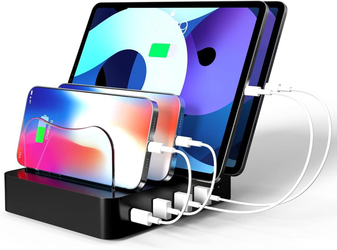 Charging Station for Multiple Devices - 4-Port 20W PD USB-C Fast Charger for iPhone iPad Smartphones Tablets Universal Compatibility, Detachable Baffle Design with LED Night Light Black