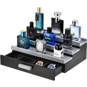 Perfume Organizer for Men, 3 Tier Wood Perfume Display Stand with Velvet Lining Drawer and Hidden Compartment for Watch,Jewelry,Perfume Display Risers,A Gift for Men (Black+Gray)
