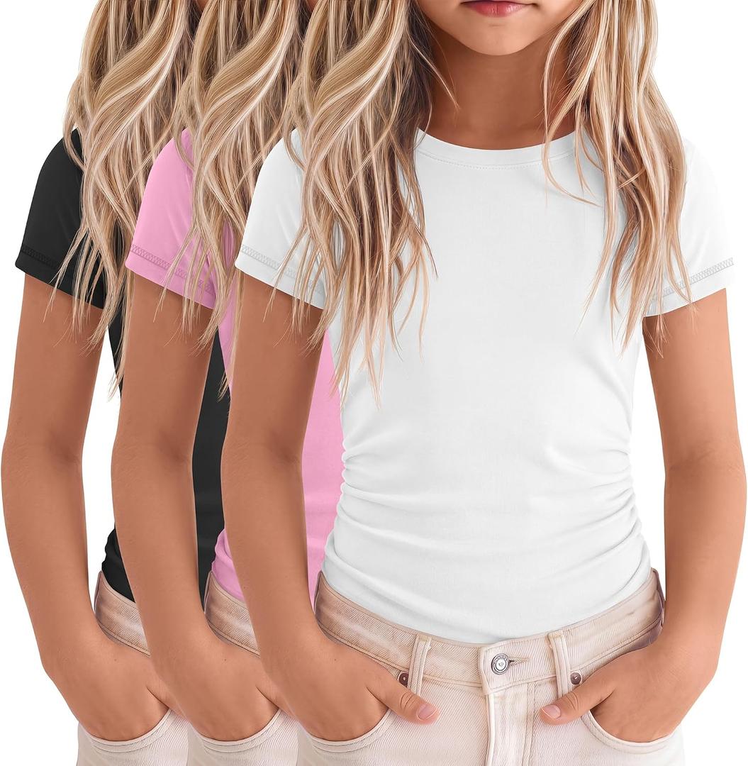 3 Pack Girls Short Sleeve T Shirts Slim Fit Tees Ruched Side Summer Basic Tops for Kids 5-14 Years Back to School