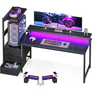 AODK 59 Inch Gaming Desk with LED Light- Reversible Computer Desk with Storage Shelves & Monitor Stand, Modern Gamer Desk Table with Fabric Drawers, Black