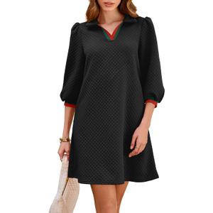 Wenrine Womens 3/4 Sleeve Mini Dress Casual V Neck Collared Textured Loose Fall A Line Argyle Dresses with Pockets (Medium)