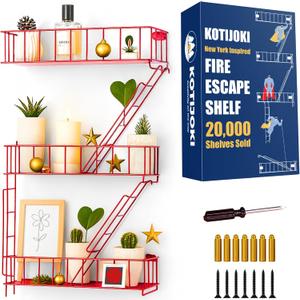 Fire Escape Wall Shelf  New York Decorative Floating Shelf  Wall Art Ladder Shelf  Red Metal Trinket Shelves for Bedroom, Home, Office, Storage and Display (3-Tier)