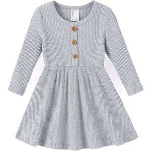 PATPAT Baby & Toddler Girl Ribbed Knit Cotton Dress  Versatile Sleeveless Summer Tank & Long Sleeve Fall Dress, Sizes 3M6Y (Gray)