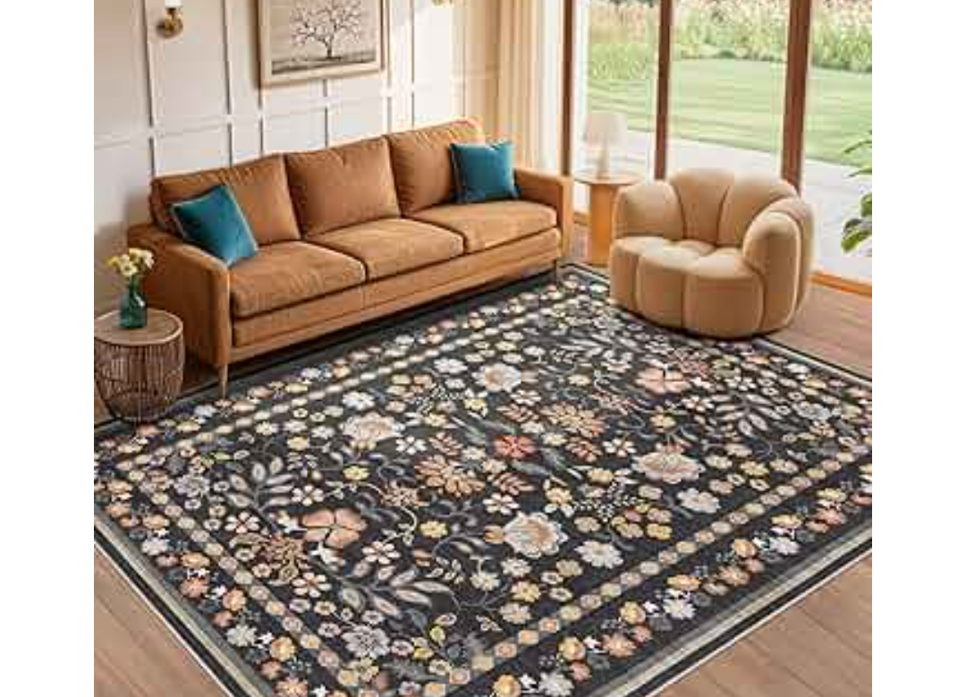 5x7 Area Rug Living Room Rugs - Washable Boho Vintage Floral Large Soft Non Slip Thin Rug Low Pile Carpet for Bedroom Dining Room Kids Playroom Office Decor Indoor- Black Grey