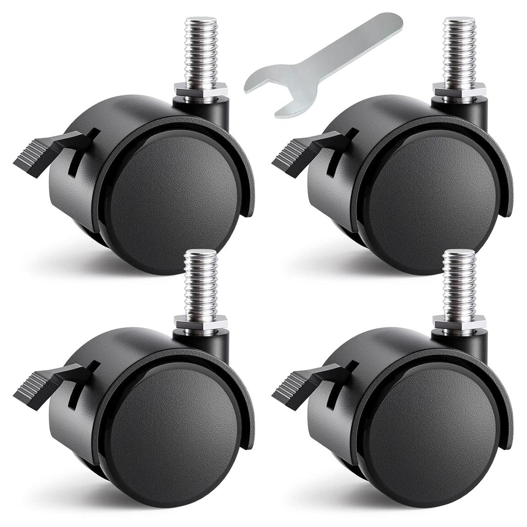 1.5 Inch Threaded Stem Furniture Casters, Metric M8 Nylon Plastic Swivel Locking Casters Set of 4, for Office Chairs, Shelves, Carts, Workbenches.