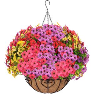 Artificial Hanging Flower for Outdoors, Fake Hanging Basket for Outside,1 Hanging Basket with 13 Pcs Faux Silk Flowers for Porch, Balcony and Patio Decor (Mixed)