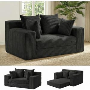 Boneless Couch Loveseat Sleeper, Convertible Sofa Bed Folding Couch Bed Foldable, 2 in 1 Boneless Chair Bed & Futon Sofa Bed, Small Pull Out Sofa with 4 Pillows for Living Room, Black, Loveseat-55''