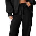 Aleumdr Women's 2 Piece Outfits Oversized Fleece Sweatsuit Zip Up Long Sleeve Sweatshirt with Wide Leg Sweatpants (Large, Black)