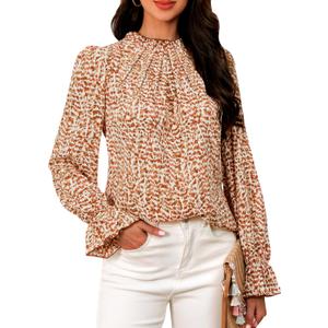 Women's Frill Mock Neck Boho Floral Tops Elegant Puff Long Sleeve Shirts 2025 Casual Vacation Outfits Work Blouse (S)