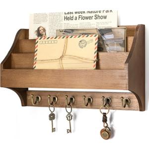 Rebee Vision Pine Wood Key Holder Wall Mount - Hanging Mail Holder for Wall with Key Hooks & 3-Tire Letter Slot - Multifunctional File Organizer for Home and Office Decor (Brown)