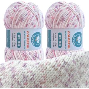 2 Pack Wool Blend Yarn, 2x3.5oz / 285yds, #3 DK, 20% Wool 80% Acrylic, Variegated, Single-Ply Soft Crochet & Knitting Wool Yarn for Sweaters, Scarves, Hats (Petal Whisper)