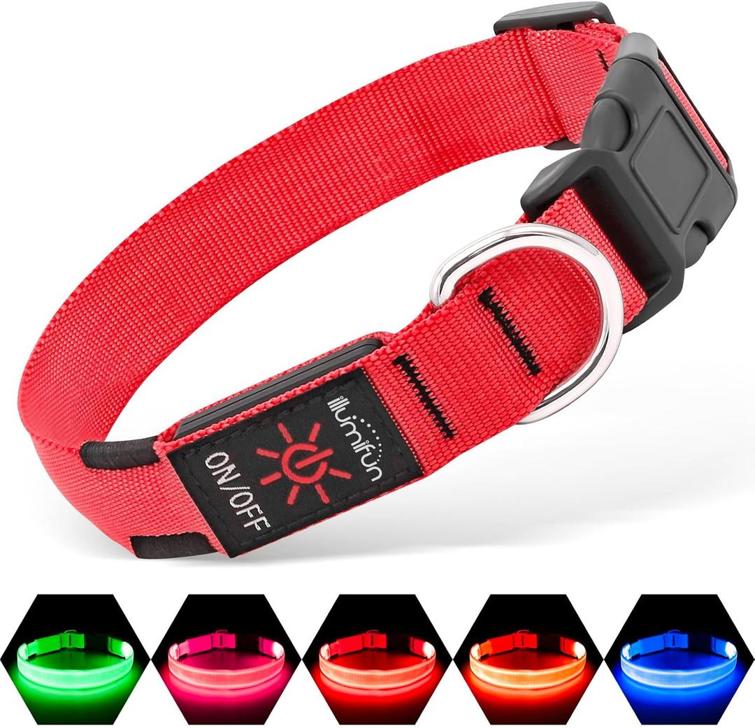 Illumifun Light Up Collar for Dogs, Rechargeable LED Dog Collar, Adjustable Safety Pet Collar Lights for Night Walking (Red, Large)