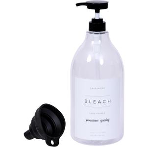 Liquid Bleach Dispenser for Laundry Room - Decorative 64-Oz PET Plastic Container with Waterproof Label - Includes Pump, Screw Cap, and Collapsible Funnel (Bleach Bottle)