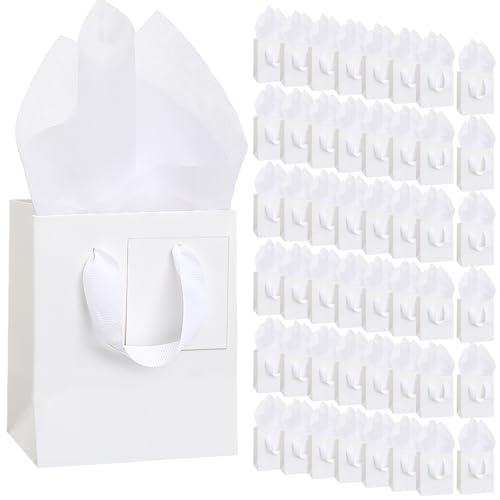 Qilery  40 Pcs Christmas Mini Paper Gift Bags Bulk with Tissue Paper Small Gift Bags with Handle and Tags for Birthday Wedding Thanksgiving Christmas Party Business(White,4.7 x 2.4 x 3.9'')