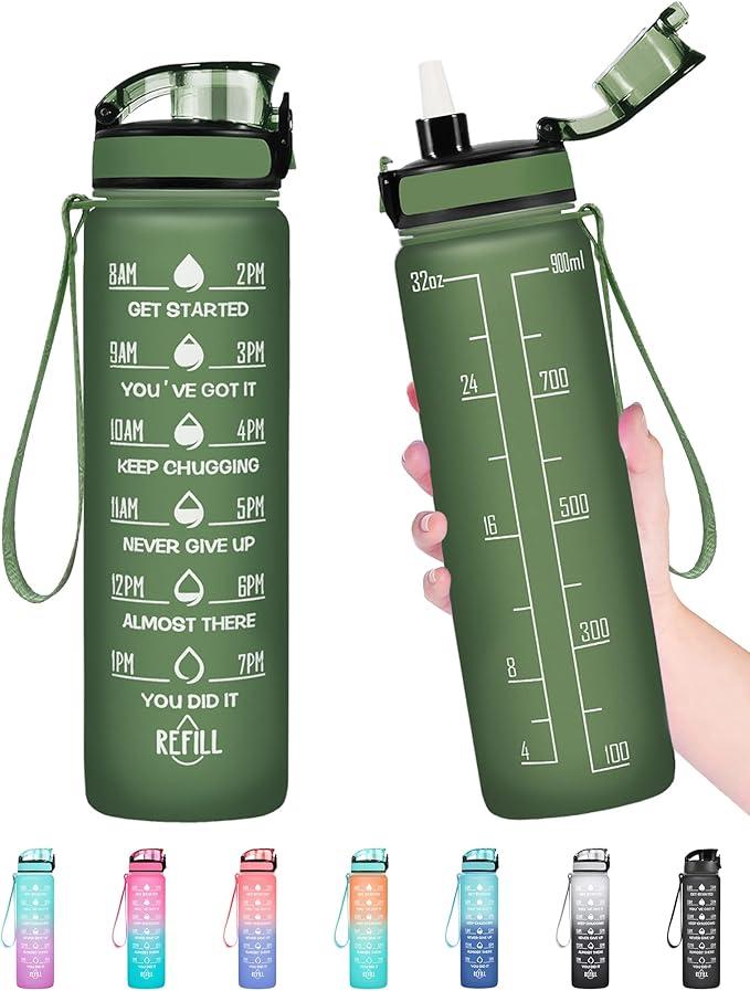 Enerbone Water Bottle, Leakproof BPA & Toxic Free, Motivational Water Bottle with Times to Drink and Straw, Fitness Sports Water Bottle with Strap for Office, Gym, Outdoor Sports (32 Ounces, Hunter Green)