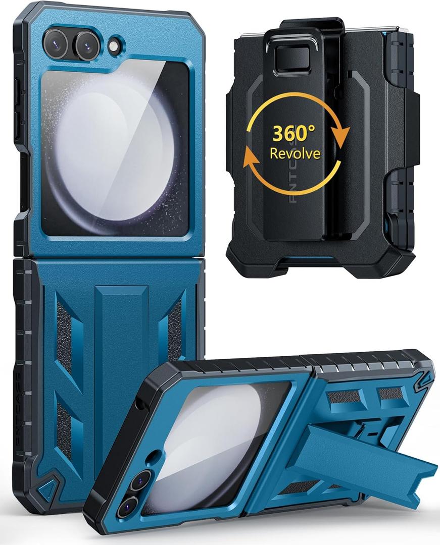 FNTCASE for Samsung Galaxy Z-Flip5 Case: Military Grade Drop Protection Shockproof Cell Phone Cover with Belt Clip Holster & Kickstand | Protective Heavy Duty Rugged Case for Z Flip 5, 2023 - Blue