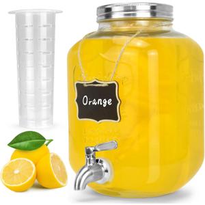 DD&HAPP Glass Beverage Dispenser With Stainless Steel Spigot, 1.2 Gallon Mason Jar Drink Dispenser, Sun Tea, Lemonade & Juice Dispenser for Parties, Weddings & Events.Leak-Proof, Infuser Included