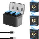 Rechargeable Battery Replacement for Gopro Hero 9/Hero 10/Hero 11/Hero 12 Black Camera 3-Pack Batteries and 3-Channel USB Charger Combo Compatible with adapters Power Cords USB Port