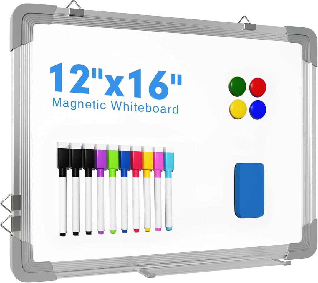 White Board Dry Erase, 12" x 16" Magnetic Whiteboard Double-Sided Dry Erase Board, 10 Markers, 4 Magnets, 1 Eraser, Portable Small Whiteboards for School Office Home Kid (12"x16", Silver Blank Frame)