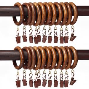 24 Pcs Curtain Rings with Clips Wooden 2.5 inch Outer Dia for 1 inch Rod Pole, Window Shower Curtain Hooks, Wood Curtain Rod Wood Curtain Rings with Eyelet, Drapery Rings.(24, 1.75 INCH Inner Dia)
