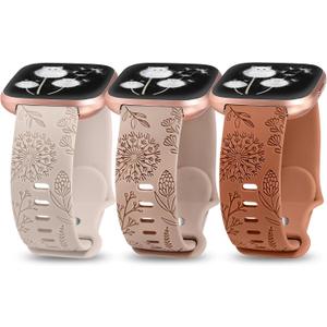 Minyee 3 Packs Floral Engraved Band Compatible with Fitbit Versa 2 Band/Versa Lite/Versa Band Women, Cute Soft Silicone Dandelion Flower Pattern Sport Designer Fancy Summer Strap for Versa 2 (Starlight &Nude &Brown)