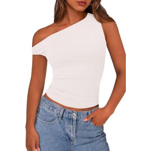 PRETTYGARDEN Women's Off The Shoulder Crop Top - Chic Asymmetrical Going Out Tops for Summer 2026, Slim Fitted & Breathable (XXL)
