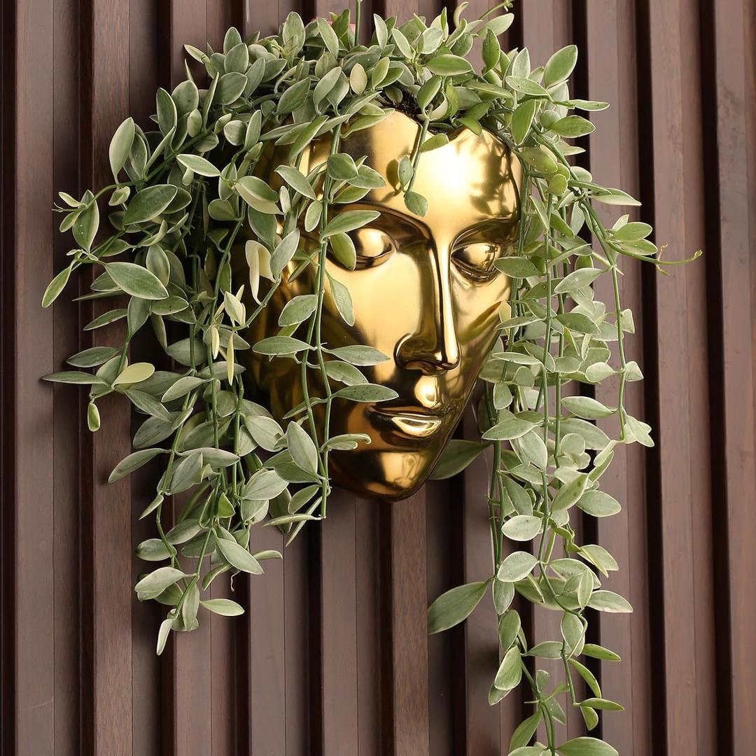 Face Vase,Ceramic Female Form Face Vase,Modern Wall Hanging Plant Pot with Drainage for Home Centerpieces, Office Outdoor Hanging Decor (Vintage Gold)