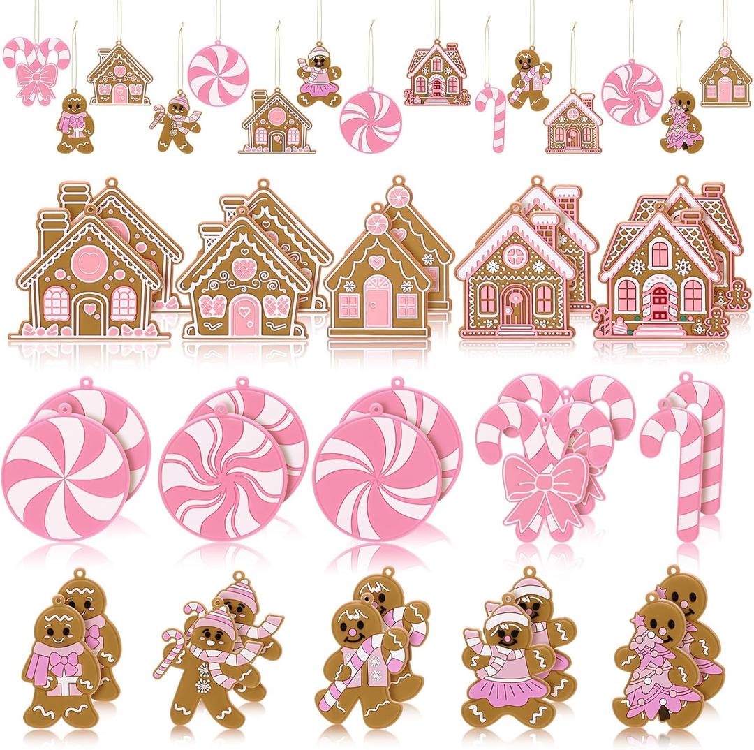 30 Pcs Pink Christmas Gingerbread Hanging Ornaments Pastel Gingerbread Ornaments Candy and House Soft PVC Christmas Tree Wall Hanging Decoration for Xmas Party Office Home Decor Winter