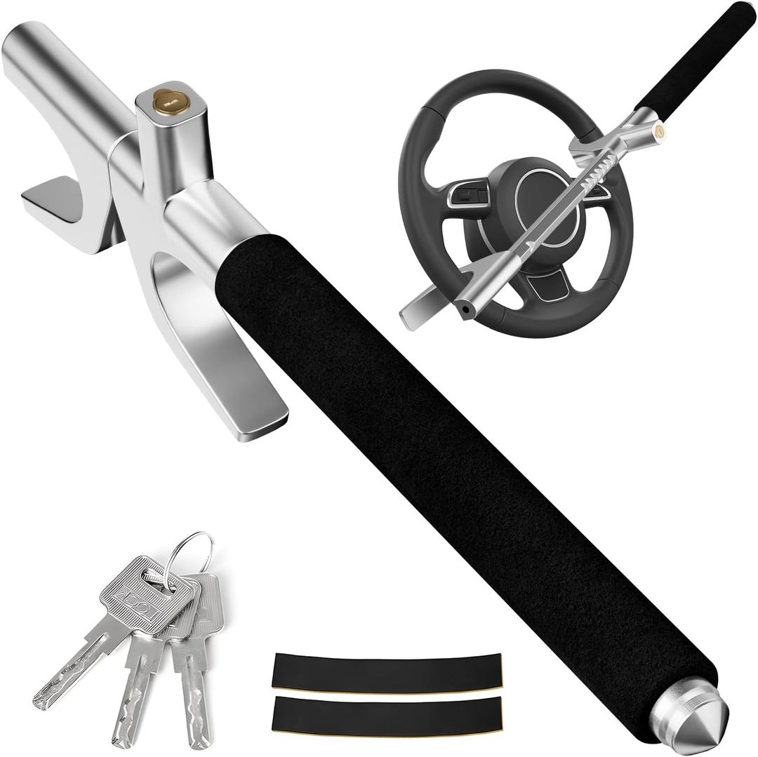 MONOJOY Steering Wheel Lock Universal Security Car Locks with Safety Hammer Heavy Duty Carro Wheel Locks Retractable Anti-Theft Prevention Device for Truck|SUV|Van Accessories, Black