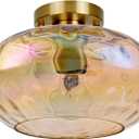 Brass Gold Semi Flush Mount Ceiling Fixture 11" Hammered Glass Shade Modern Close to Ceiling Lighting 1-Light Art Lampshade for Hallway Foyer Bedroom