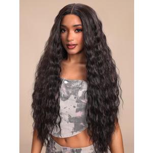 GORGIUS Glueless Water Wave Lace Front Wig Pre Plucked Pre Cut Long Black Synthetic Wig Natural Hairline 32 Inch