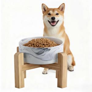 Elevated/Raised Ceramic Dog Bowl with Bamboo Stand,Marble Pattern 6 Inch 3.6 Cups Non Slip Heavy Weighted Single Pet Dish, for Small Medium Breed & Cats,Reduces Neck Strain Marble Grey