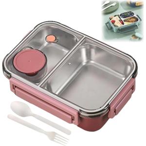 Escentio Lunch Box, Stainless Steel Portable Escentio Lunch Box, with Tableware and Divided Compartments (Two Compartments Pink)