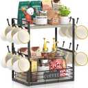 EsLuker.ly Coffee Bar Station Organizer Mug Cup Holder Stand for Countertop, Multi-Functional 2 Tier Mug Tree Rack for Kitchen, Storage Shelf with 12 Hooks, Light Grey-Black