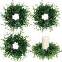 4 Pcs Candle Rings Wreaths 3 Inch Wedding Candle Rings Pillars Candle Wreath Kitchen Cabinet Wreaths Mini Green Boxwood Candle Wreath for Wedding Party Decor