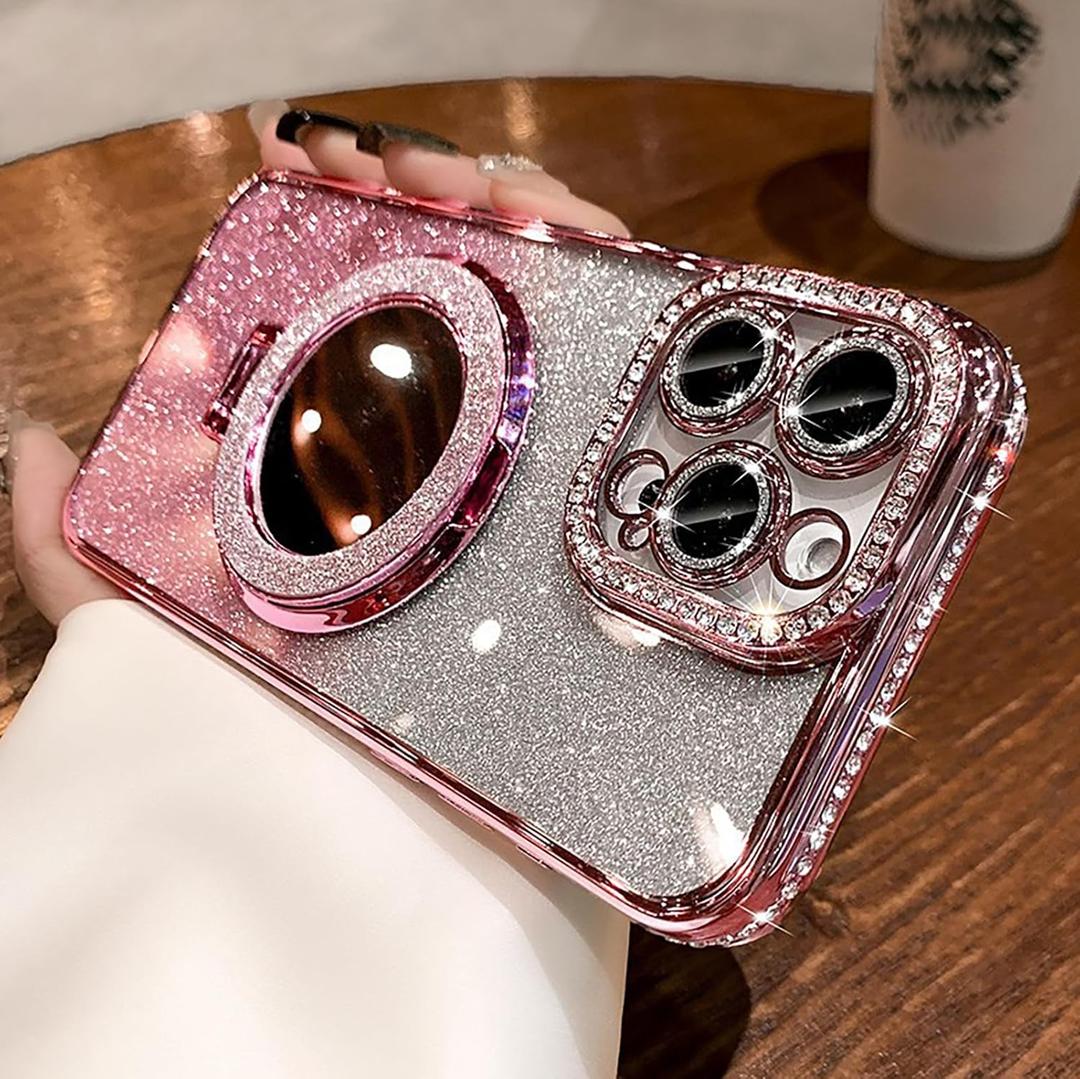 Compatible with iPhone 16 Pro Max Case with Stand for Women, (2 in 1 Clear or Glitter Case), Cute Bling Sparkle Ring Holder Kickstand, Rhinestones Camera Protector, [Compatible with Magsafe], Pink