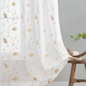 Embroidery Sheer Curtains Beige 63 Inch Length, Rod Pocket Voile Drapes for Living room, Bedroom, Window Treatments Semi Crinkle Curtain Panels for Yard, Patio, Villa, Parlor, Set of 2, 52"x 63".
