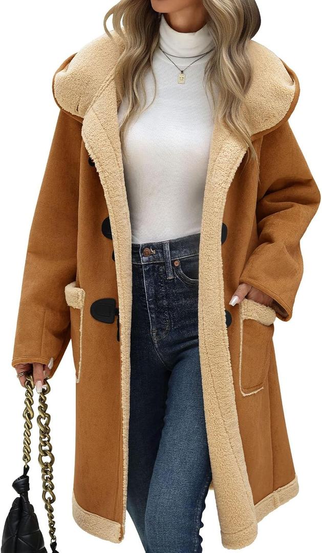 Women's Faux Suede Coat Sherpa Fleece Lined Oversize Duffle Coat Winter Mid-Length Hooded Toggle Jacket with Pockets (Large, Dark Khaki)