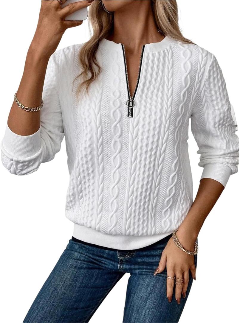 XNC Women's Sweatshirts Quarter Zip Long Sleeve White Pullover Crewneck Textured Fall Fashion Outfits 2025 Winter Clothes, S