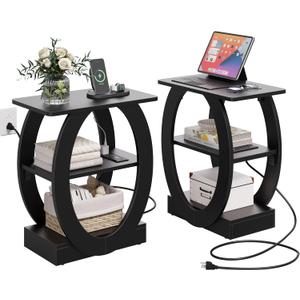 End Table Set of 2 with Charging Station, Black Side Table with USB Ports and Outlets for Living Room, Wood Nightstand with Large Storage Shelf for Bedroom Sofa Couch, Bedside Table Night Stands