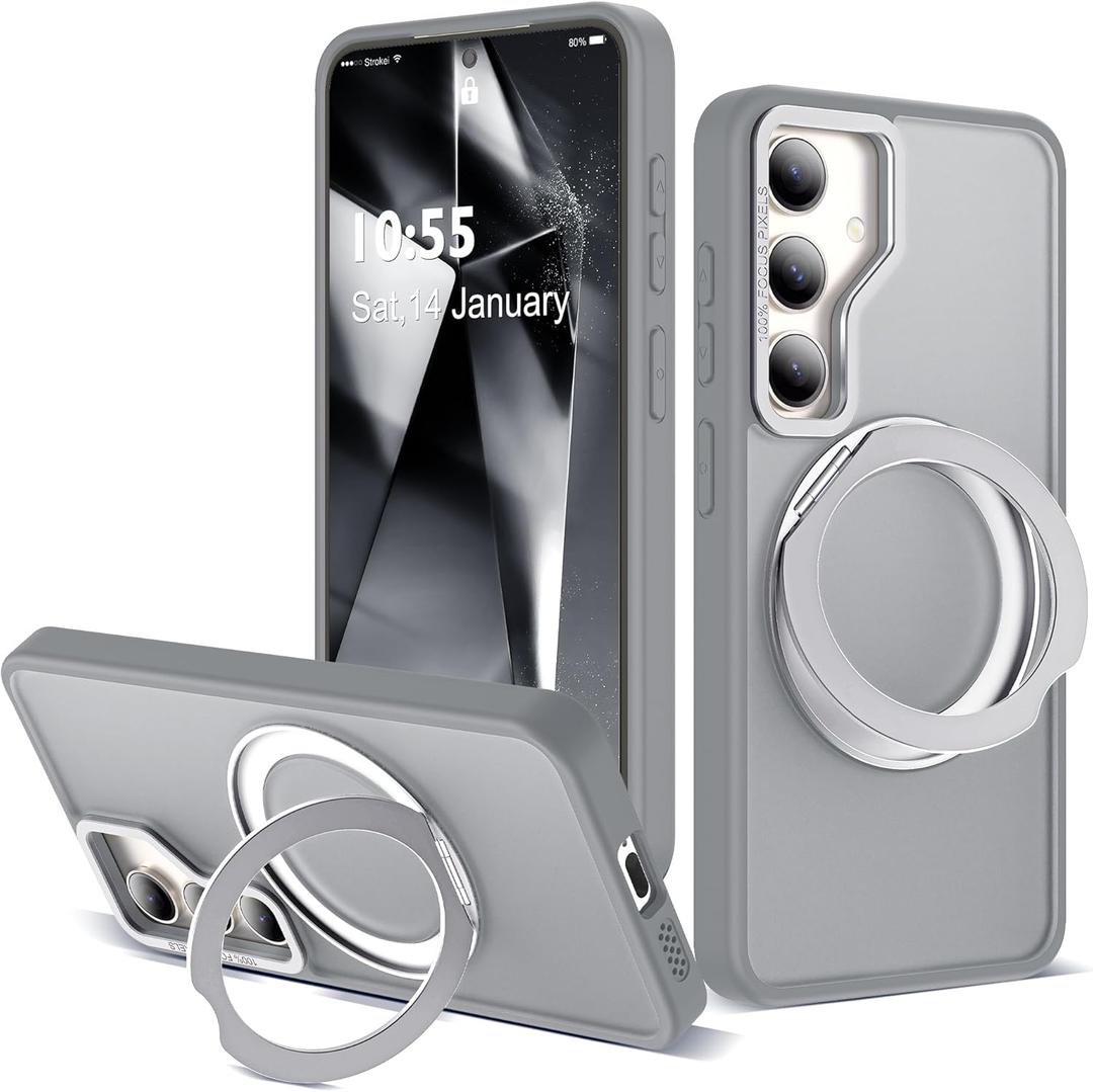 Compatible with Samsung Galaxy S24 Plus Case with 360Rotatable Magnetic Ring Stand Compatible with Mag-Safe Military Protection Matte Translucent Phone Case for Galaxy S24+,Gray