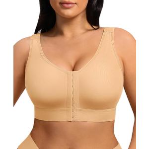 FeelinGirl Mastectomy Bras for Women Compression Post Op Surgery Bra Front Closure Surgical Recovery Everyday Bra (Beige, L)