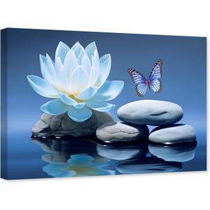 ARTZGX Blue Zen Wall Art Lotus Flower Canvas Spa Stone Pictures for Bathroom Wall Decor Meditation Butterfly Painting Frame(Zen - A 16.00" x 24.00")